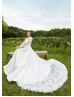 Long Sleeves Ivory Lace Satin Fairytale Wedding Dress